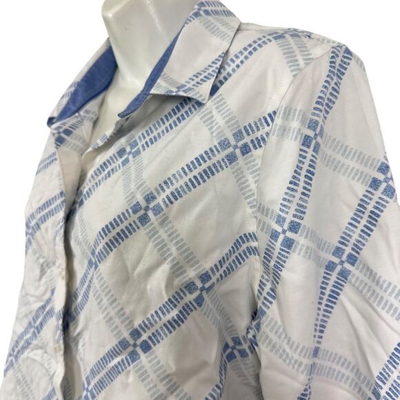 Chicos No Iron Stretch Button Up 3/4 Sleeve Cotton Blue White Shirt 2P/ 12/ 14 - Picture 10 of 16